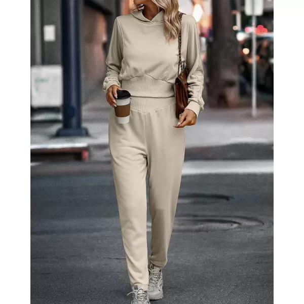 imageBTFBM Womens Sweatsuit Set Casual Pullover Hoodie Sweatpants Long Sleeve Tracksuit 2 Piece Sport Outfits Jogger SetSolid Beige