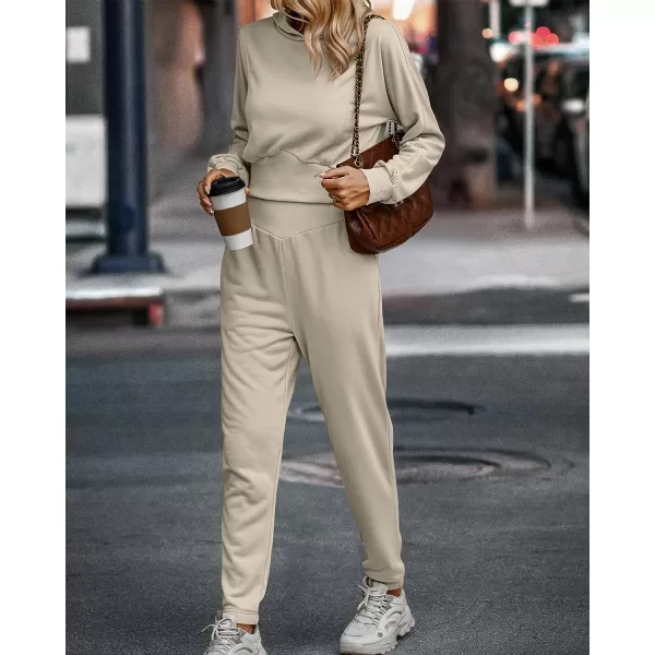 imageBTFBM Womens Sweatsuit Set Casual Pullover Hoodie Sweatpants Long Sleeve Tracksuit 2 Piece Sport Outfits Jogger SetSolid Beige