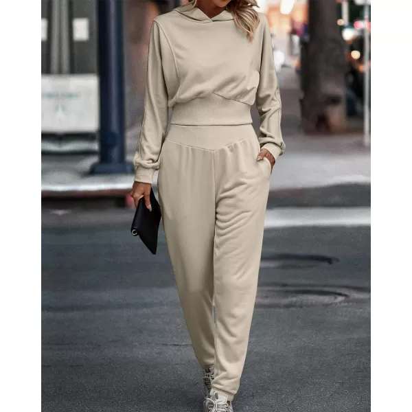 imageBTFBM Womens Sweatsuit Set Casual Pullover Hoodie Sweatpants Long Sleeve Tracksuit 2 Piece Sport Outfits Jogger SetSolid Beige