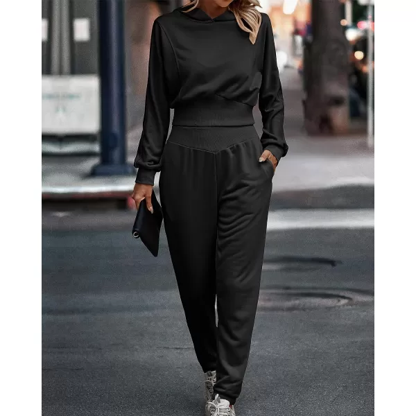 imageBTFBM Womens Sweatsuit Set Casual Pullover Hoodie Sweatpants Long Sleeve Tracksuit 2 Piece Sport Outfits Jogger SetSolid Black
