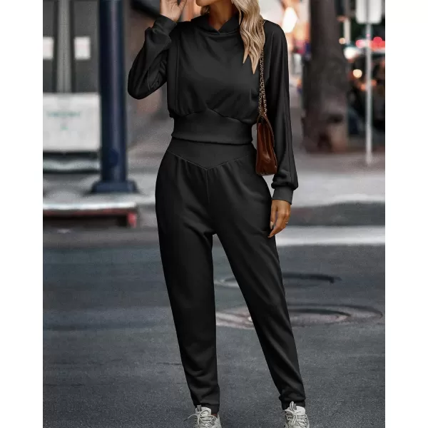imageBTFBM Womens Sweatsuit Set Casual Pullover Hoodie Sweatpants Long Sleeve Tracksuit 2 Piece Sport Outfits Jogger SetSolid Black
