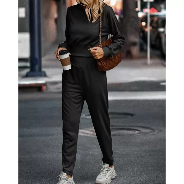 imageBTFBM Womens Sweatsuit Set Casual Pullover Hoodie Sweatpants Long Sleeve Tracksuit 2 Piece Sport Outfits Jogger SetSolid Black