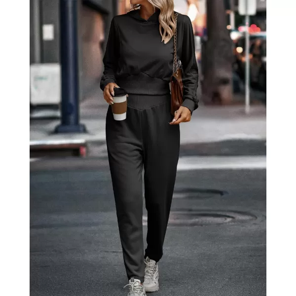 imageBTFBM Womens Sweatsuit Set Casual Pullover Hoodie Sweatpants Long Sleeve Tracksuit 2 Piece Sport Outfits Jogger SetSolid Black