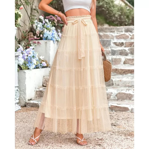 imageBTFBM Womens Tulle Skirts 2024 Summer Elastic Waist Ruffle Tiered ALine Tutu Fairy Party Cocktail Maxi Skirt with BeltSolid Beige