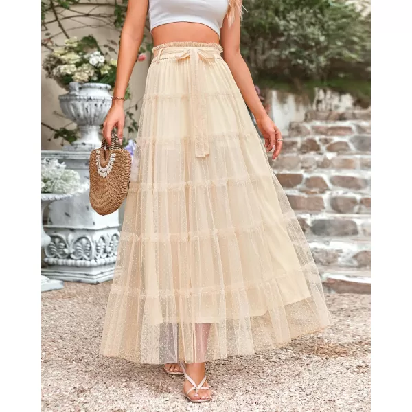 imageBTFBM Womens Tulle Skirts 2024 Summer Elastic Waist Ruffle Tiered ALine Tutu Fairy Party Cocktail Maxi Skirt with BeltSolid Beige