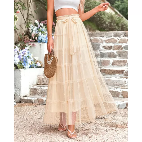 imageBTFBM Womens Tulle Skirts 2024 Summer Elastic Waist Ruffle Tiered ALine Tutu Fairy Party Cocktail Maxi Skirt with BeltSolid Beige
