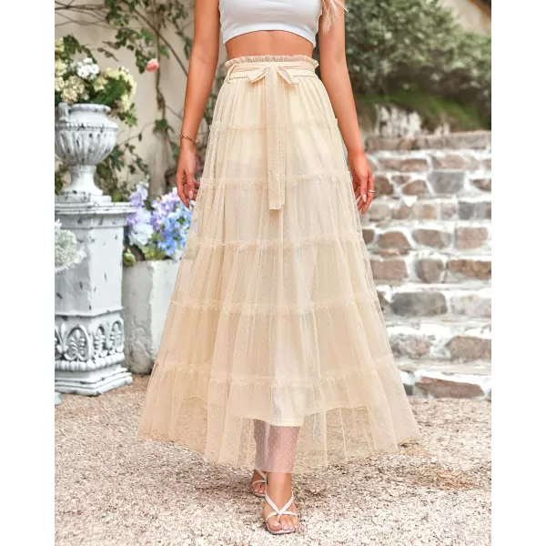 imageBTFBM Womens Tulle Skirts 2024 Summer Elastic Waist Ruffle Tiered ALine Tutu Fairy Party Cocktail Maxi Skirt with BeltSolid Beige