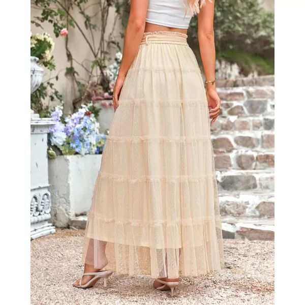 imageBTFBM Womens Tulle Skirts 2024 Summer Elastic Waist Ruffle Tiered ALine Tutu Fairy Party Cocktail Maxi Skirt with BeltSolid Beige