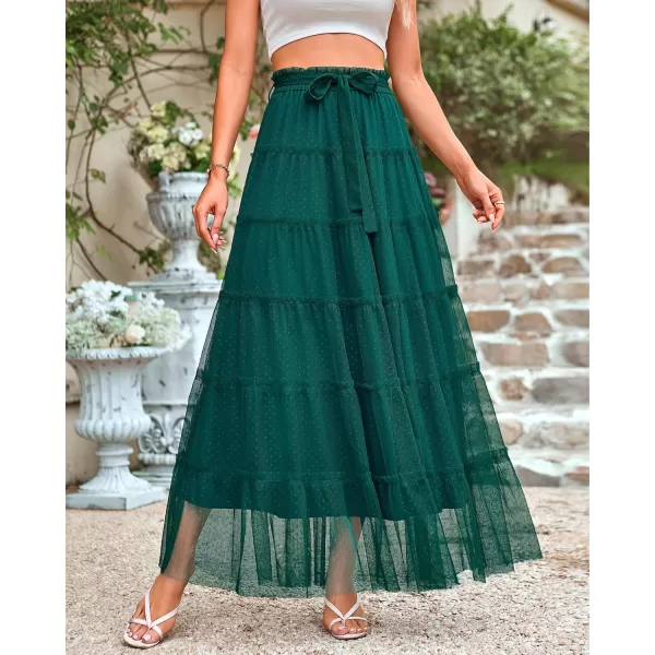 imageBTFBM Womens Tulle Skirts 2024 Summer Elastic Waist Ruffle Tiered ALine Tutu Fairy Party Cocktail Maxi Skirt with BeltSolid Dark Green