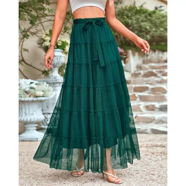 imageBTFBM Womens Tulle Skirts 2024 Summer Elastic Waist Ruffle Tiered ALine Tutu Fairy Party Cocktail Maxi Skirt with BeltSolid Dark Green