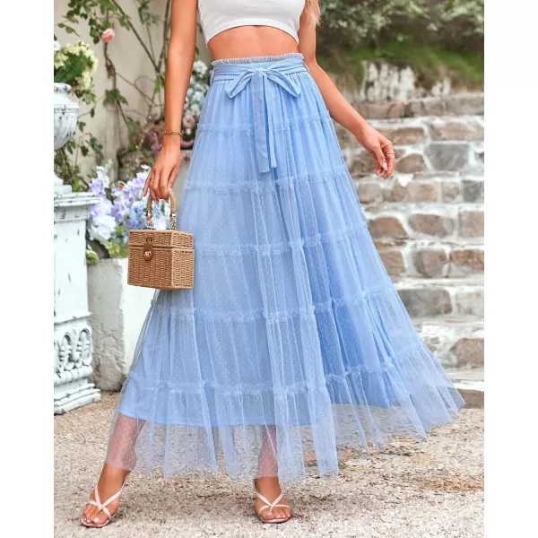 imageBTFBM Womens Tulle Skirts 2024 Summer Elastic Waist Ruffle Tiered ALine Tutu Fairy Party Cocktail Maxi Skirt with BeltSolid Light Blue