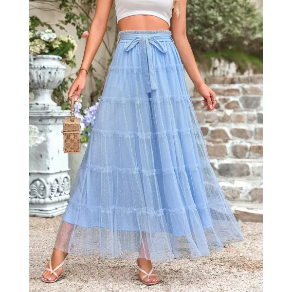 imageBTFBM Womens Tulle Skirts 2024 Summer Elastic Waist Ruffle Tiered ALine Tutu Fairy Party Cocktail Maxi Skirt with BeltSolid Light Blue