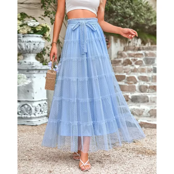 imageBTFBM Womens Tulle Skirts 2024 Summer Elastic Waist Ruffle Tiered ALine Tutu Fairy Party Cocktail Maxi Skirt with BeltSolid Light Blue