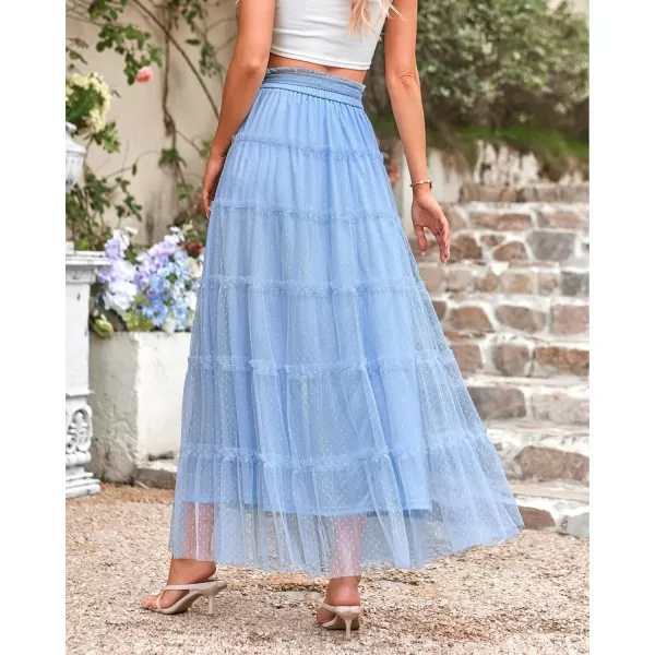 imageBTFBM Womens Tulle Skirts 2024 Summer Elastic Waist Ruffle Tiered ALine Tutu Fairy Party Cocktail Maxi Skirt with BeltSolid Light Blue