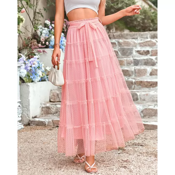 imageBTFBM Womens Tulle Skirts 2024 Summer Elastic Waist Ruffle Tiered ALine Tutu Fairy Party Cocktail Maxi Skirt with BeltSolid Pink