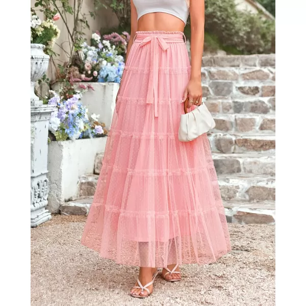 imageBTFBM Womens Tulle Skirts 2024 Summer Elastic Waist Ruffle Tiered ALine Tutu Fairy Party Cocktail Maxi Skirt with BeltSolid Pink