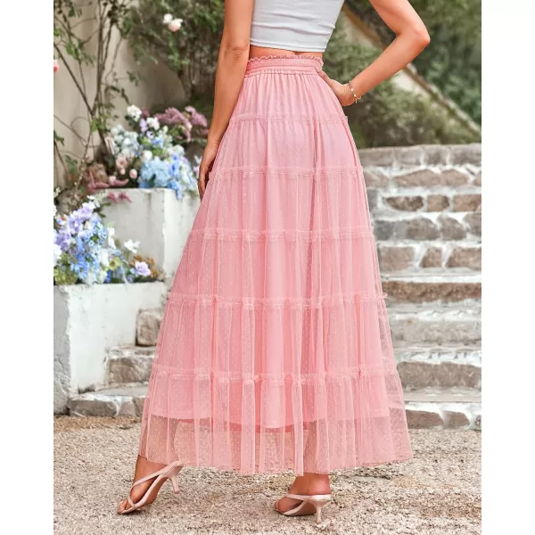 imageBTFBM Womens Tulle Skirts 2024 Summer Elastic Waist Ruffle Tiered ALine Tutu Fairy Party Cocktail Maxi Skirt with BeltSolid Pink