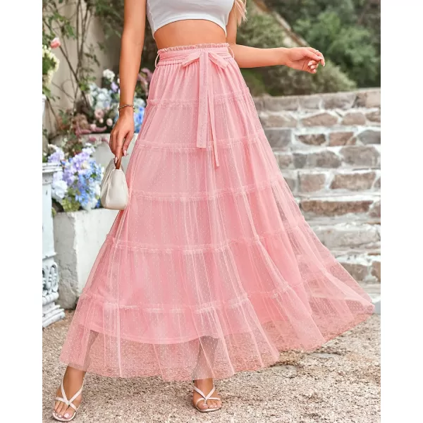 imageBTFBM Womens Tulle Skirts 2024 Summer Elastic Waist Ruffle Tiered ALine Tutu Fairy Party Cocktail Maxi Skirt with BeltSolid Pink