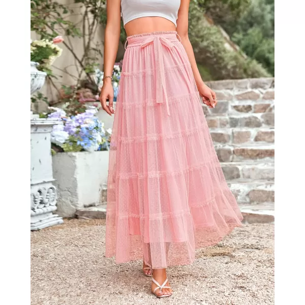 imageBTFBM Womens Tulle Skirts 2024 Summer Elastic Waist Ruffle Tiered ALine Tutu Fairy Party Cocktail Maxi Skirt with BeltSolid Pink