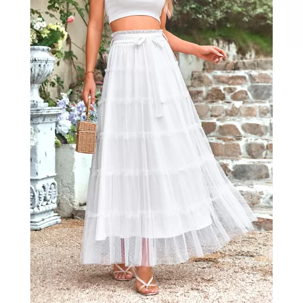 imageBTFBM Womens Tulle Skirts 2024 Summer Elastic Waist Ruffle Tiered ALine Tutu Fairy Party Cocktail Maxi Skirt with BeltSolid White