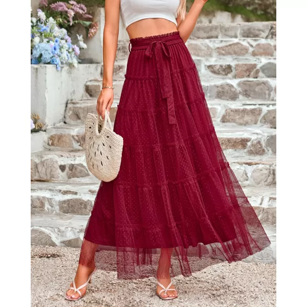 imageBTFBM Womens Tulle Skirts 2024 Summer Elastic Waist Ruffle Tiered ALine Tutu Fairy Party Cocktail Maxi Skirt with BeltSolid Wine Red