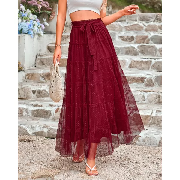 imageBTFBM Womens Tulle Skirts 2024 Summer Elastic Waist Ruffle Tiered ALine Tutu Fairy Party Cocktail Maxi Skirt with BeltSolid Wine Red