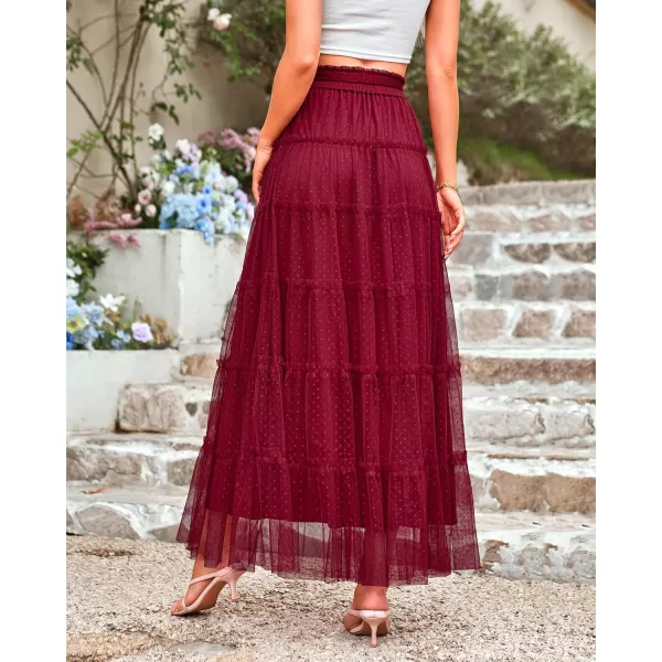 imageBTFBM Womens Tulle Skirts 2024 Summer Elastic Waist Ruffle Tiered ALine Tutu Fairy Party Cocktail Maxi Skirt with BeltSolid Wine Red