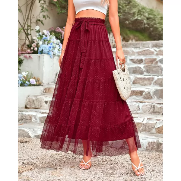 imageBTFBM Womens Tulle Skirts 2024 Summer Elastic Waist Ruffle Tiered ALine Tutu Fairy Party Cocktail Maxi Skirt with BeltSolid Wine Red