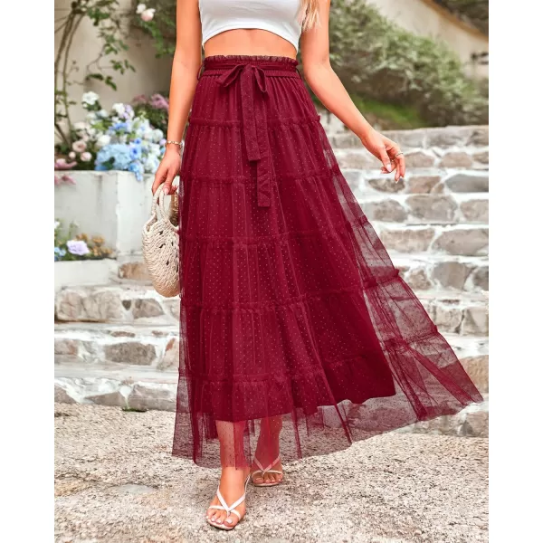 imageBTFBM Womens Tulle Skirts 2024 Summer Elastic Waist Ruffle Tiered ALine Tutu Fairy Party Cocktail Maxi Skirt with BeltSolid Wine Red