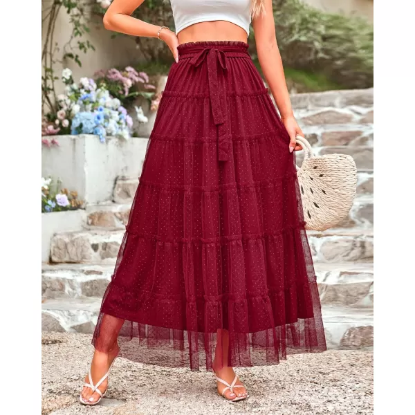 imageBTFBM Womens Tulle Skirts 2024 Summer Elastic Waist Ruffle Tiered ALine Tutu Fairy Party Cocktail Maxi Skirt with BeltSolid Wine Red