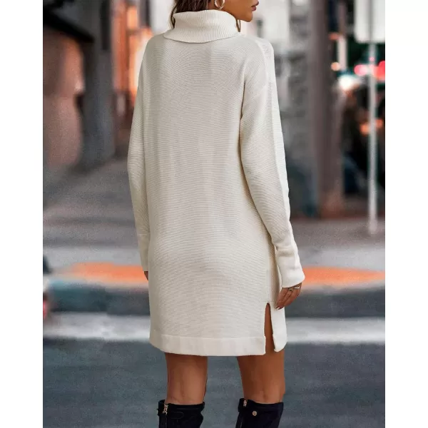imageBTFBM Womens Turtleneck Long Sleeve Sweater Dress Side Slit Hem Fall Winter Oversized Casual Knit Pullover Sweaters TopsSolid Apricot