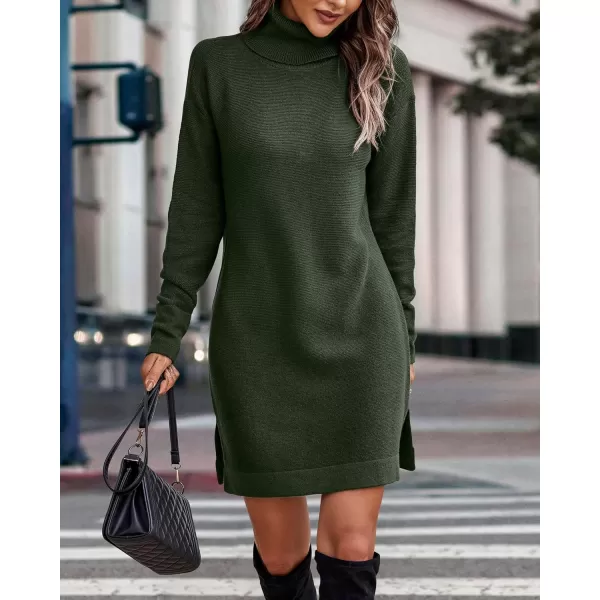 imageBTFBM Womens Turtleneck Long Sleeve Sweater Dress Side Slit Hem Fall Winter Oversized Casual Knit Pullover Sweaters TopsSolid Army Green