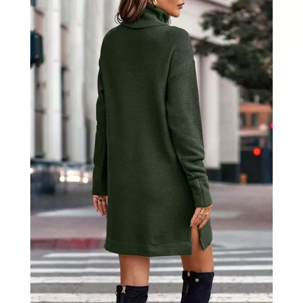 imageBTFBM Womens Turtleneck Long Sleeve Sweater Dress Side Slit Hem Fall Winter Oversized Casual Knit Pullover Sweaters TopsSolid Army Green