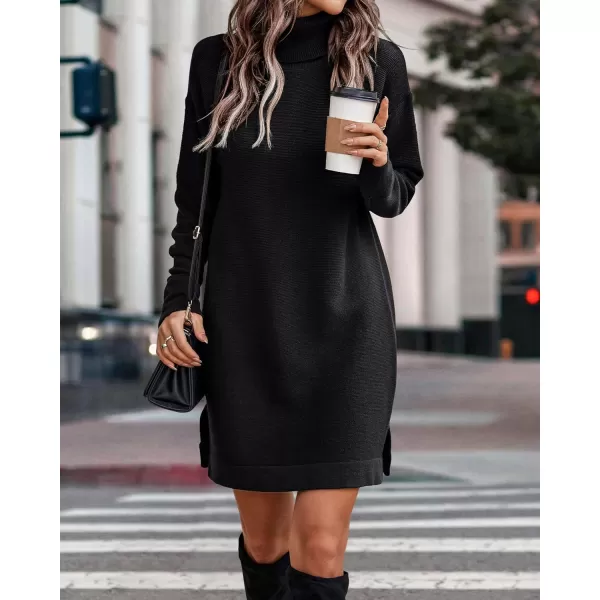 imageBTFBM Womens Turtleneck Long Sleeve Sweater Dress Side Slit Hem Fall Winter Oversized Casual Knit Pullover Sweaters TopsSolid Black