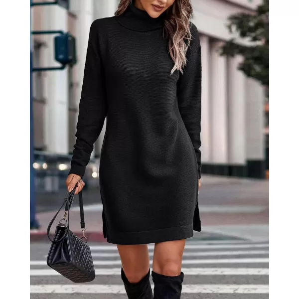imageBTFBM Womens Turtleneck Long Sleeve Sweater Dress Side Slit Hem Fall Winter Oversized Casual Knit Pullover Sweaters TopsSolid Black
