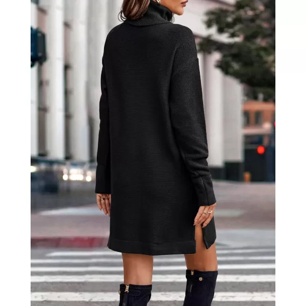 imageBTFBM Womens Turtleneck Long Sleeve Sweater Dress Side Slit Hem Fall Winter Oversized Casual Knit Pullover Sweaters TopsSolid Black