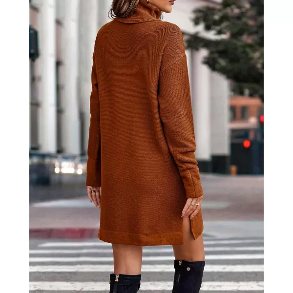 imageBTFBM Womens Turtleneck Long Sleeve Sweater Dress Side Slit Hem Fall Winter Oversized Casual Knit Pullover Sweaters TopsSolid Brown