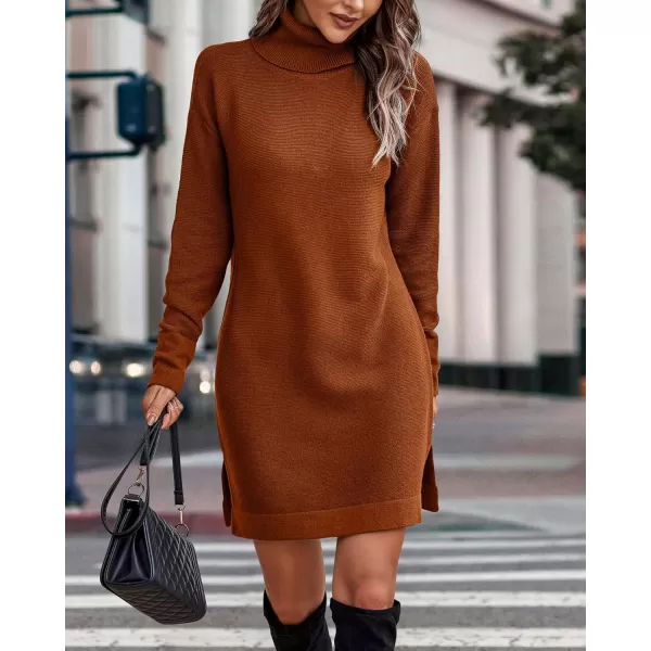 imageBTFBM Womens Turtleneck Long Sleeve Sweater Dress Side Slit Hem Fall Winter Oversized Casual Knit Pullover Sweaters TopsSolid Brown