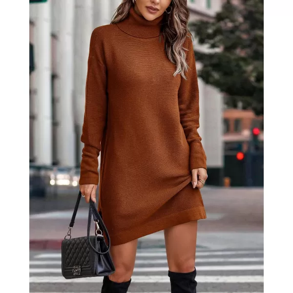 imageBTFBM Womens Turtleneck Long Sleeve Sweater Dress Side Slit Hem Fall Winter Oversized Casual Knit Pullover Sweaters TopsSolid Brown