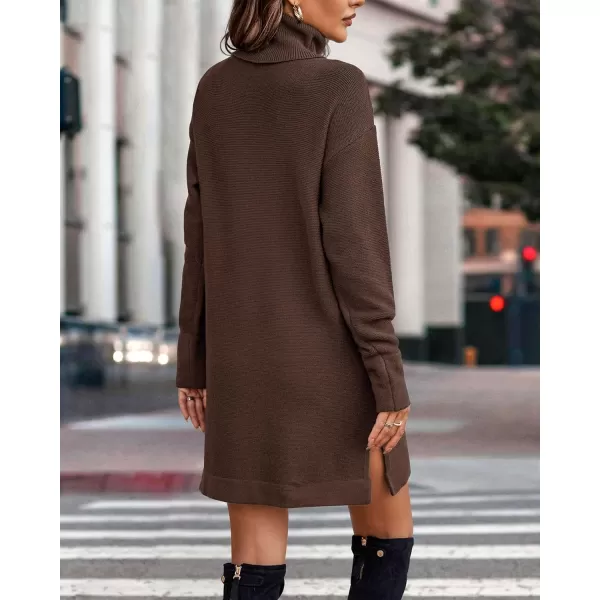imageBTFBM Womens Turtleneck Long Sleeve Sweater Dress Side Slit Hem Fall Winter Oversized Casual Knit Pullover Sweaters TopsSolid Coffee