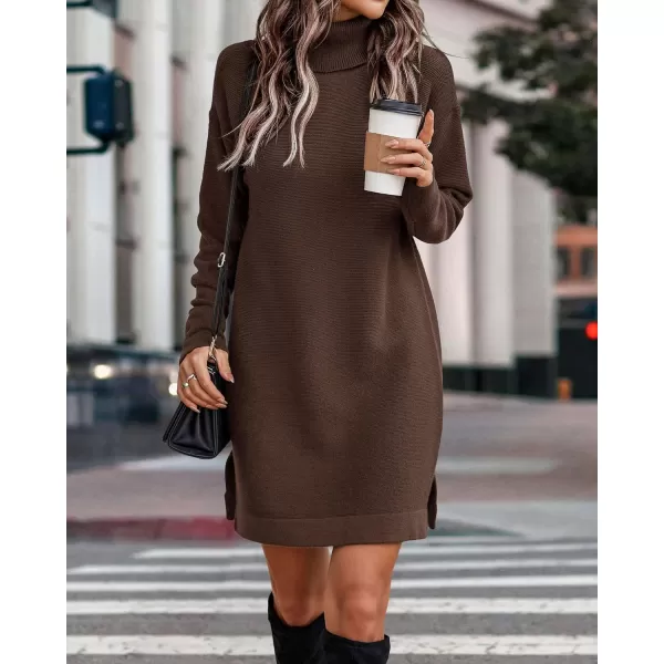 imageBTFBM Womens Turtleneck Long Sleeve Sweater Dress Side Slit Hem Fall Winter Oversized Casual Knit Pullover Sweaters TopsSolid Coffee