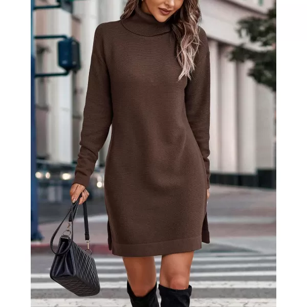 imageBTFBM Womens Turtleneck Long Sleeve Sweater Dress Side Slit Hem Fall Winter Oversized Casual Knit Pullover Sweaters TopsSolid Coffee