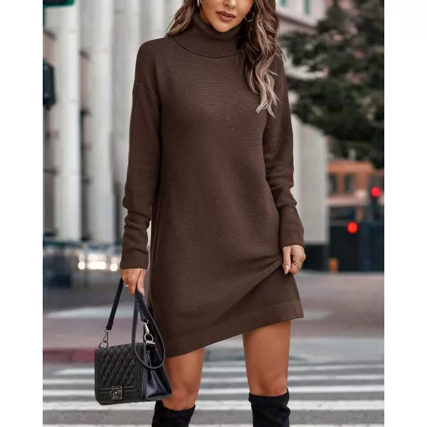 imageBTFBM Womens Turtleneck Long Sleeve Sweater Dress Side Slit Hem Fall Winter Oversized Casual Knit Pullover Sweaters TopsSolid Coffee