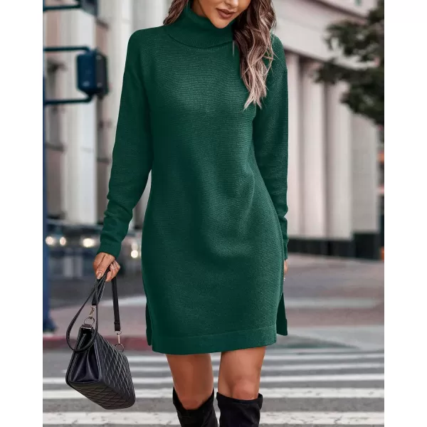 imageBTFBM Womens Turtleneck Long Sleeve Sweater Dress Side Slit Hem Fall Winter Oversized Casual Knit Pullover Sweaters TopsSolid Dark Green