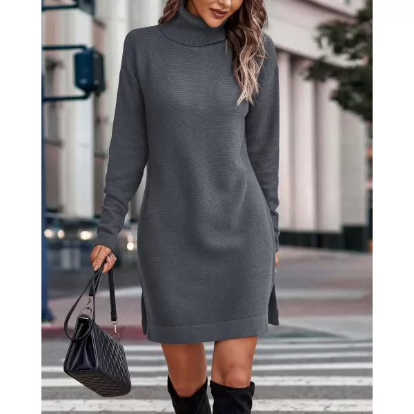 imageBTFBM Womens Turtleneck Long Sleeve Sweater Dress Side Slit Hem Fall Winter Oversized Casual Knit Pullover Sweaters TopsSolid Dark Grey