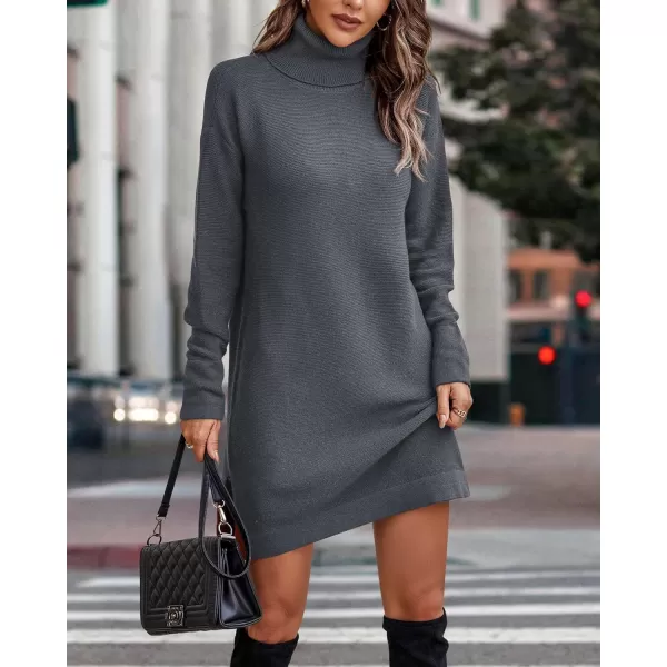 imageBTFBM Womens Turtleneck Long Sleeve Sweater Dress Side Slit Hem Fall Winter Oversized Casual Knit Pullover Sweaters TopsSolid Dark Grey