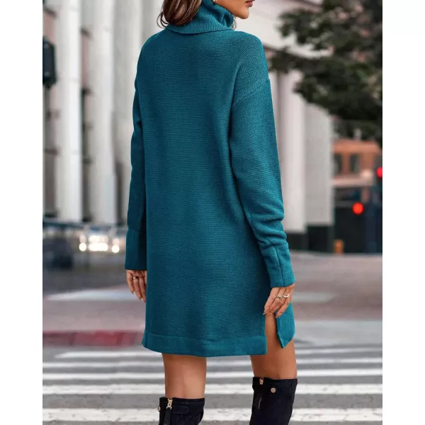 imageBTFBM Womens Turtleneck Long Sleeve Sweater Dress Side Slit Hem Fall Winter Oversized Casual Knit Pullover Sweaters TopsSolid Denim Blue