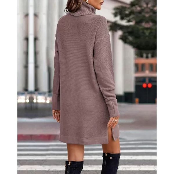 imageBTFBM Womens Turtleneck Long Sleeve Sweater Dress Side Slit Hem Fall Winter Oversized Casual Knit Pullover Sweaters TopsSolid Grey Apricot