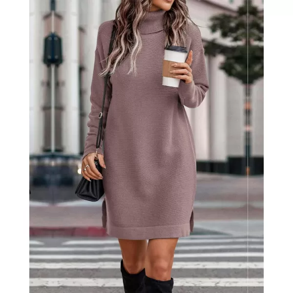 imageBTFBM Womens Turtleneck Long Sleeve Sweater Dress Side Slit Hem Fall Winter Oversized Casual Knit Pullover Sweaters TopsSolid Grey Apricot