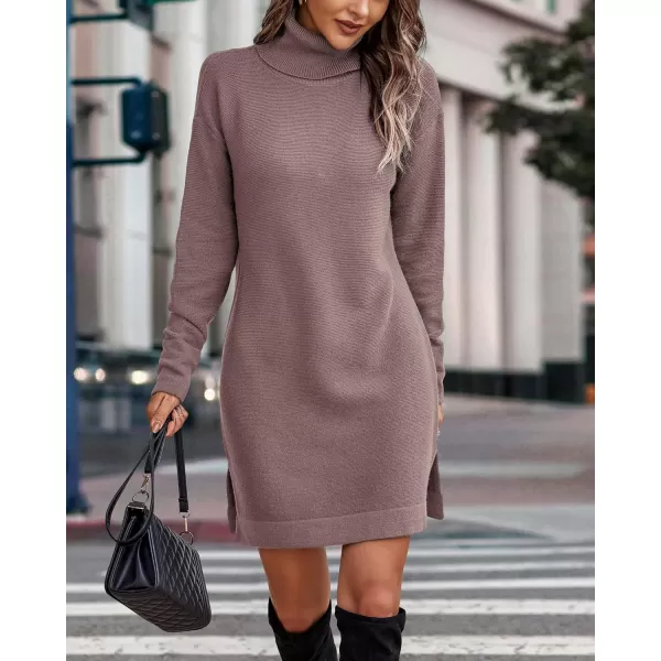 imageBTFBM Womens Turtleneck Long Sleeve Sweater Dress Side Slit Hem Fall Winter Oversized Casual Knit Pullover Sweaters TopsSolid Grey Apricot